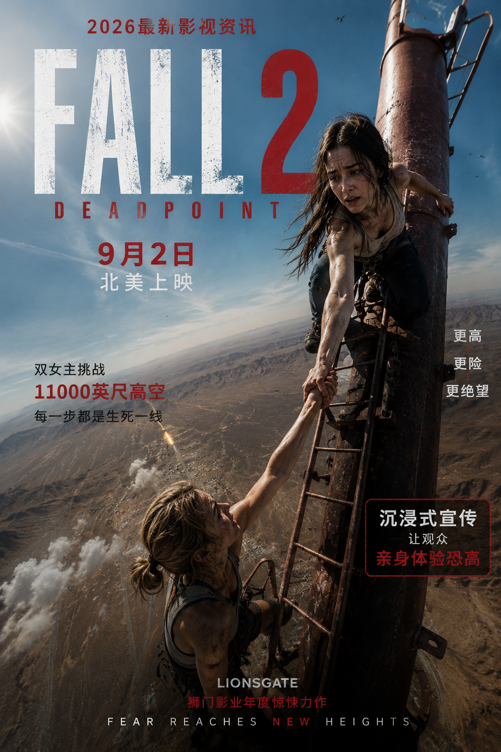 《Fall 2: Deadpoint》2026最新影视资讯：9月2日北美上映，双女主挑战11000英尺高空，狮门影业推出沉浸式宣传让观众亲身体验恐高封面图