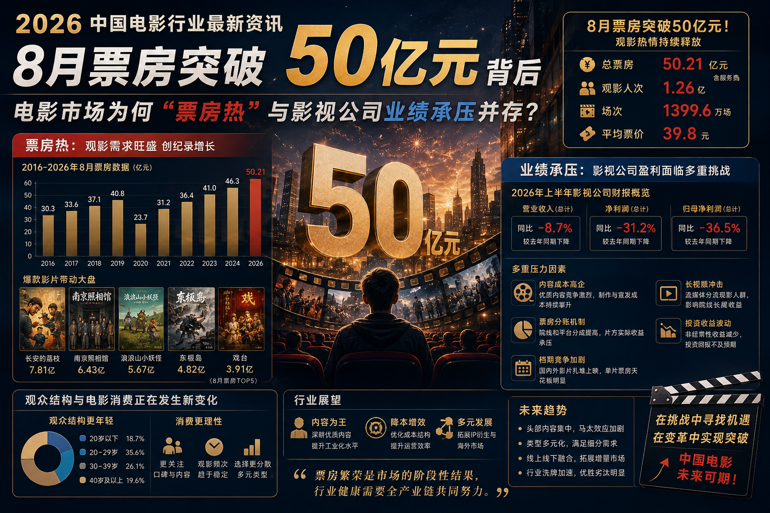 2026中国电影行业最新资讯：8月票房突破50亿元背后，电影市场为何“票房热”与影视公司业绩承压并存？封面图